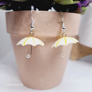 Handcrafted Cute Umbrella Dangle Earrings with‎ Pearl Charm, Fun Whimsical NWOT